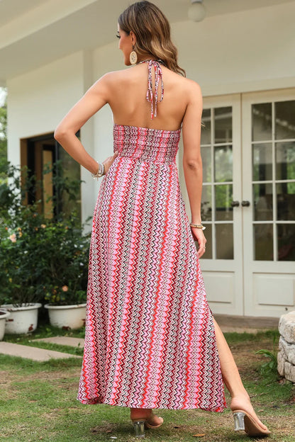 Printed Halter Neck Dress with Slit Detail - minbolu -