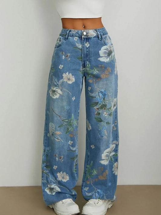 Printed Wide Leg Jeans - minbolu -