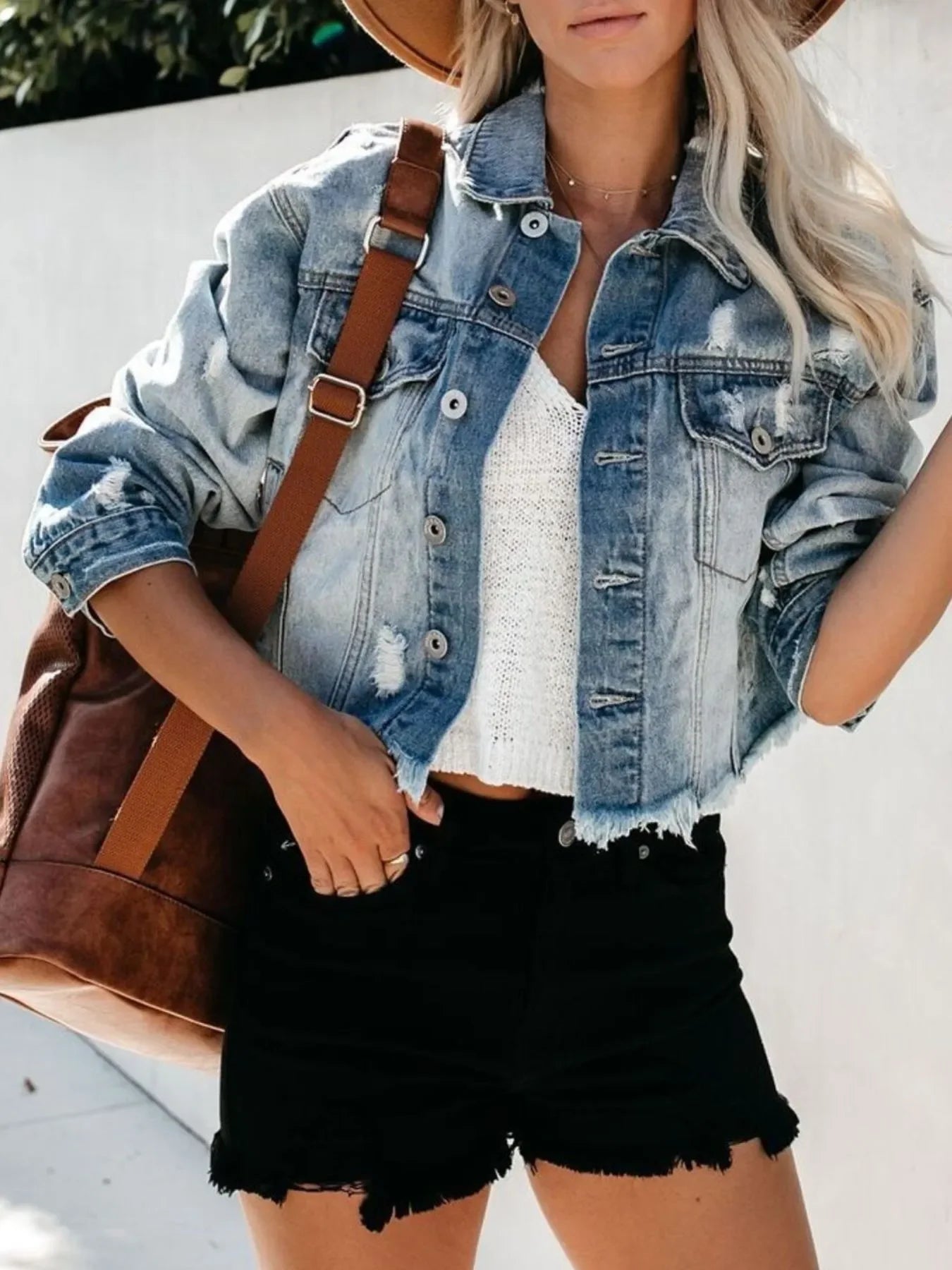 Distressed Raw Hem Denim Jacket - minbolu -