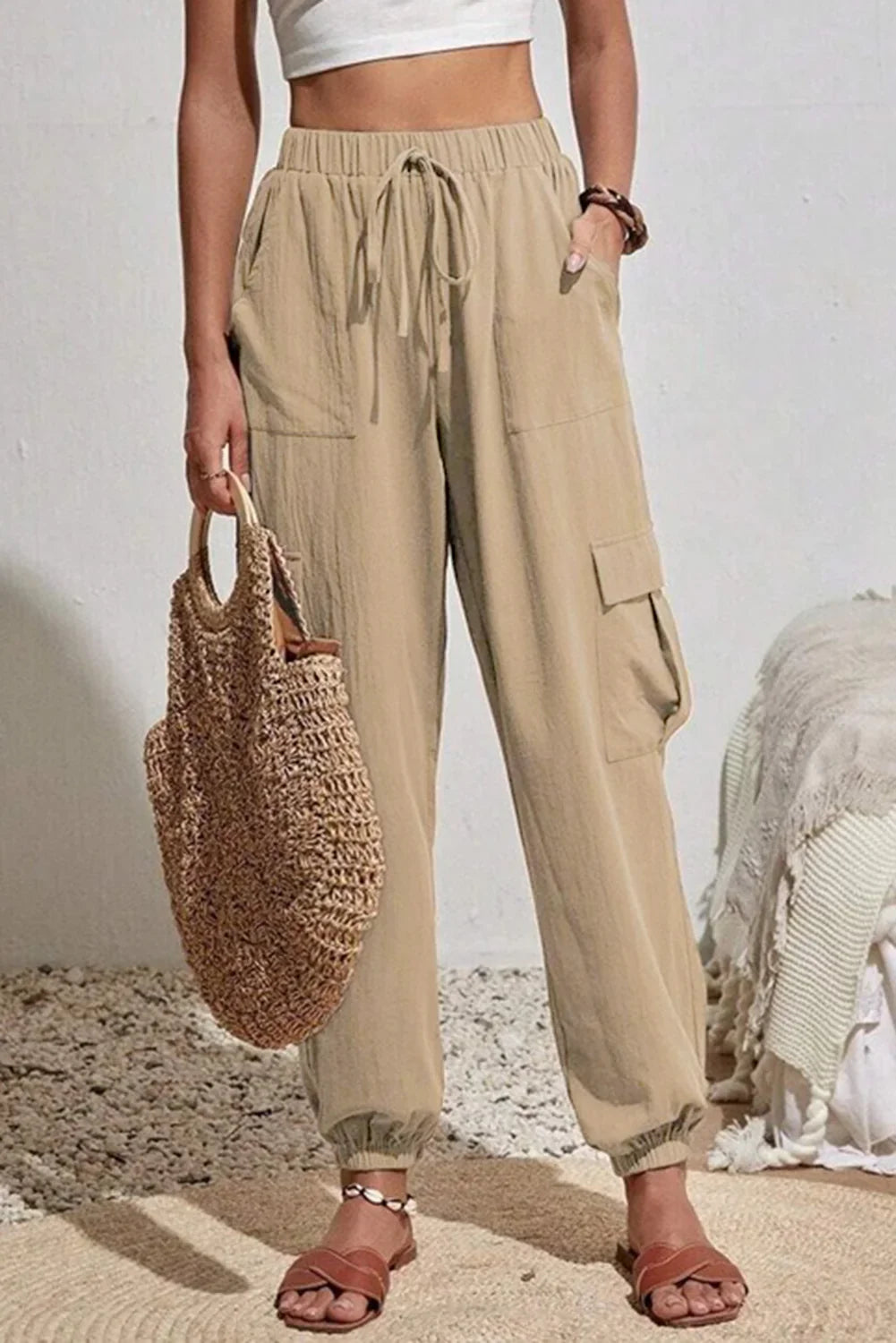 Pale Khaki Solid Color Pocket Cargo Pants - minbolu -