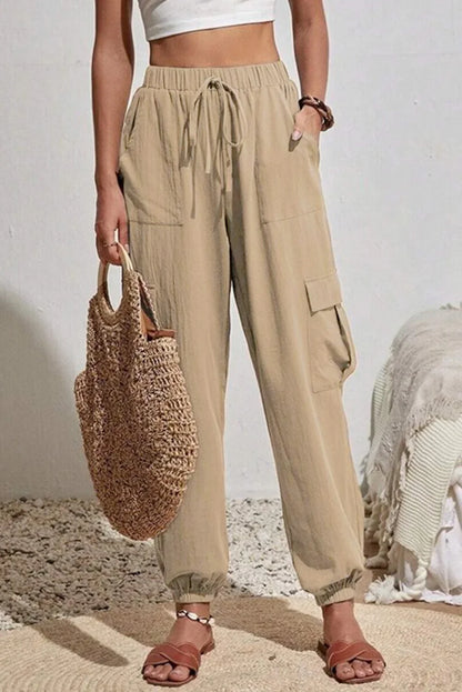 Pale Khaki Solid Color Pocket Cargo Pants - minbolu -