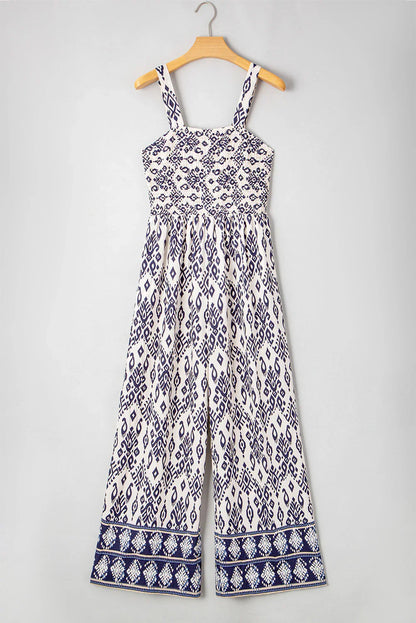 Blue Boho Geometric Print Smocked High Waist Wide Leg Jumpsuit - minbolu -