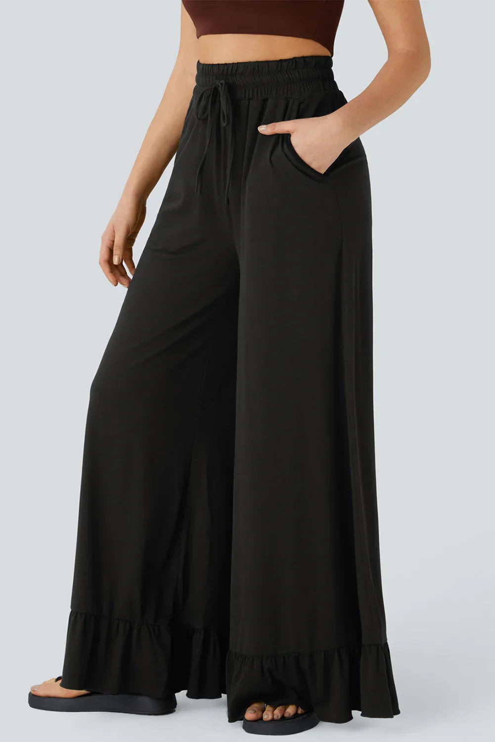 Black Solid Color Ruffle Hem Wide Leg Pants - minbolu -