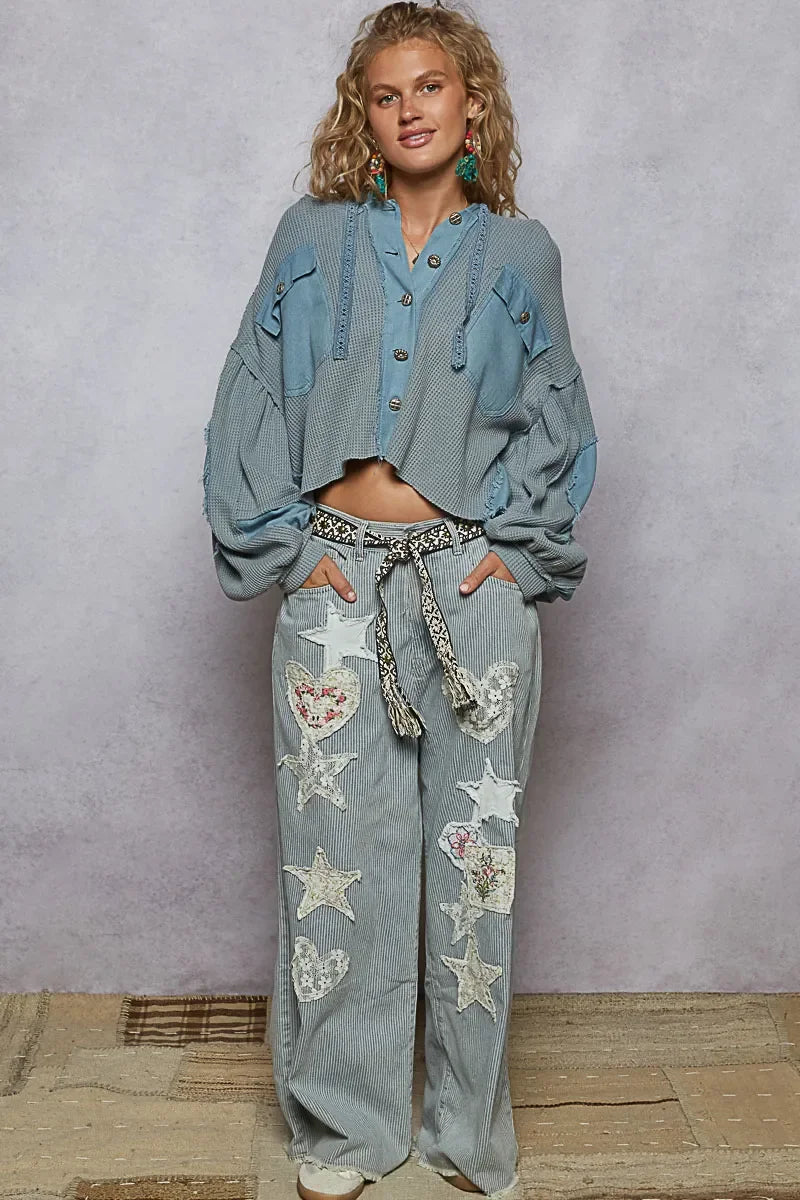 POL Contrast Cropped Jacket with Raw Edge Detail - minbolu -