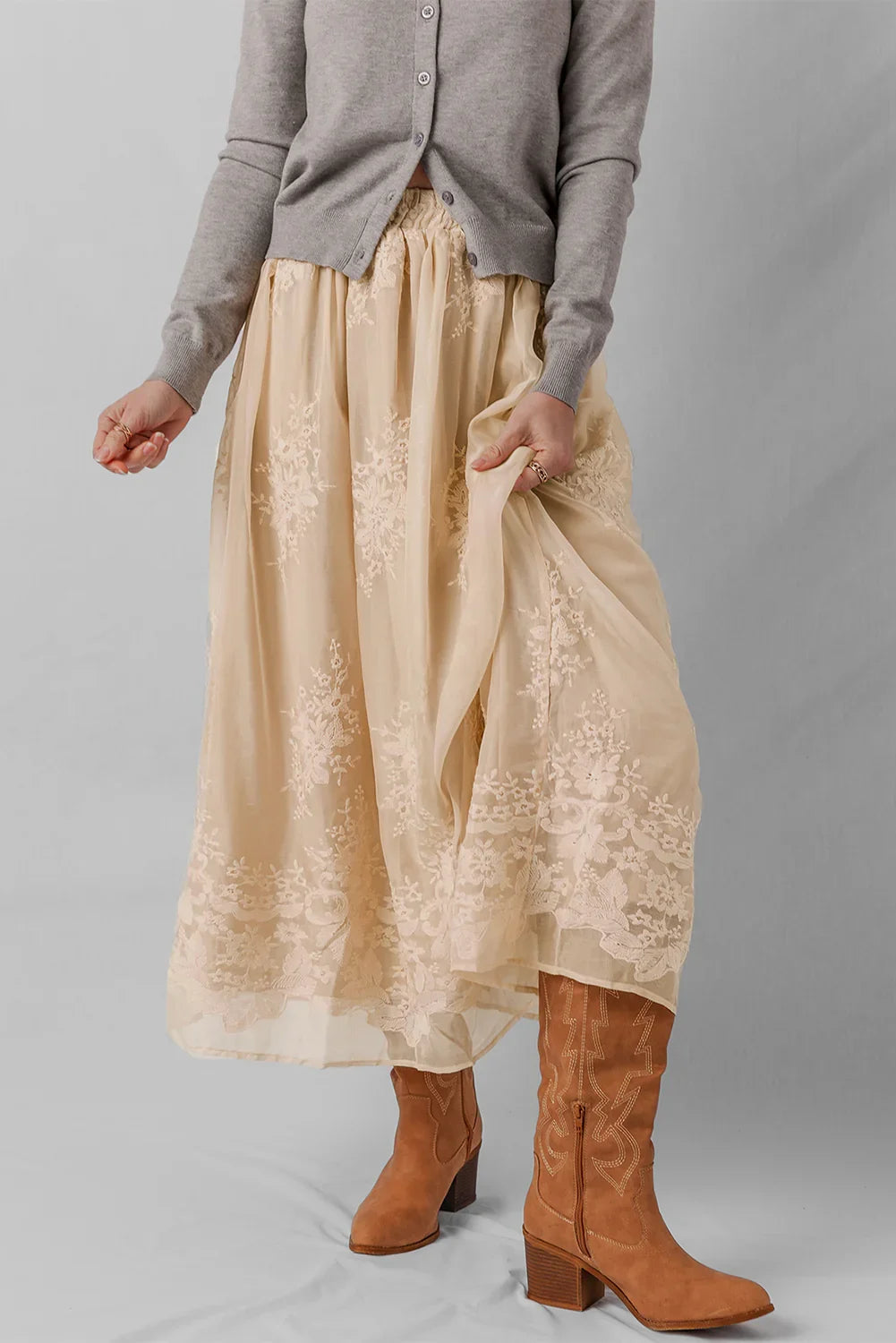 Oatmeal Embroidered Mesh Overlay Flowy Long Skirt - minbolu -