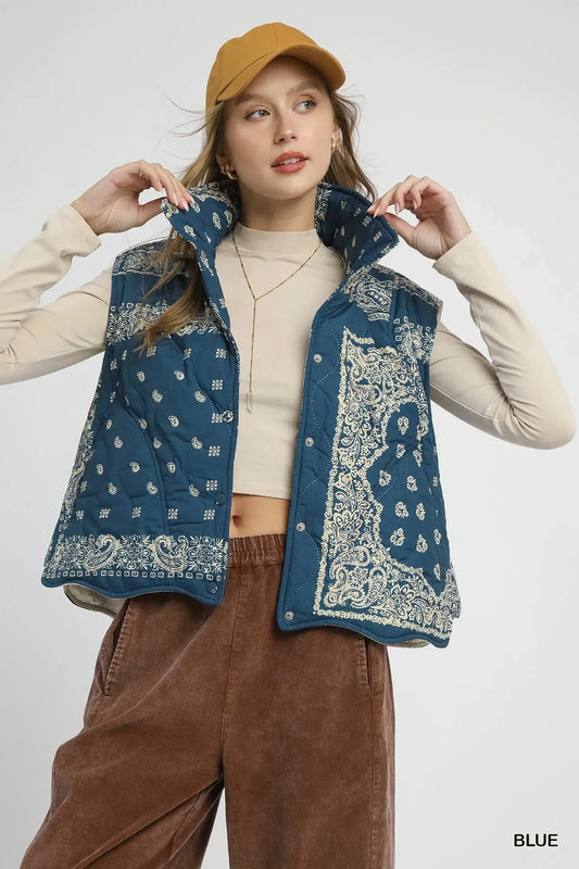 Umgee Bandana Print Quilted Puffer Vest - minbolu -