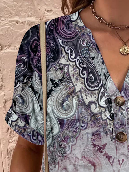 Printed Notched Short Sleeve Blouse - Stylish Design - minbolu -