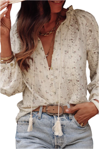 Frill Lace Detail Printed Long Sleeve Blouse - minbolu -