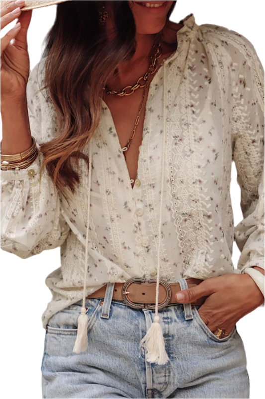 Frill Lace Detail Printed Long Sleeve Blouse - minbolu -