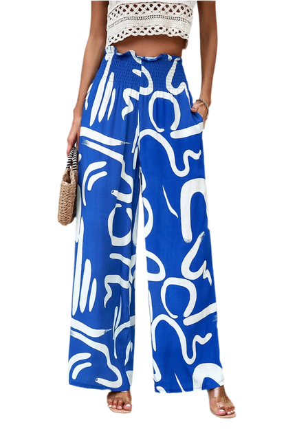 Printed Wide Leg Smocked Pants with Pockets - minbolu -