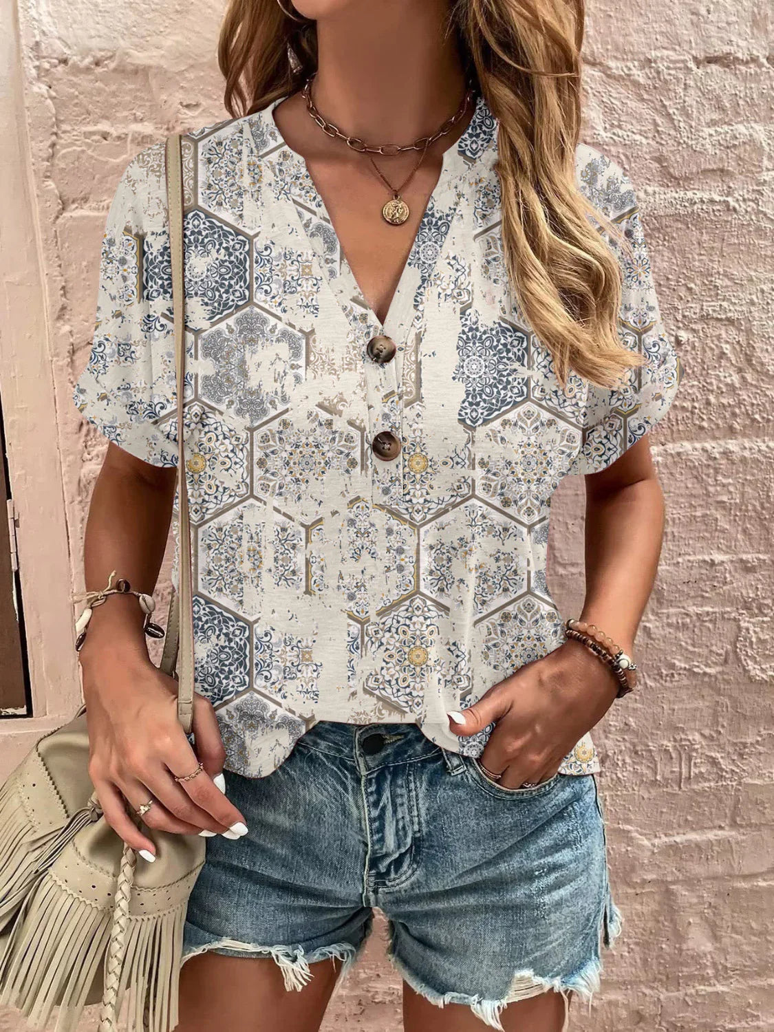 Printed Notched Short Sleeve Blouse - Stylish Design - minbolu -