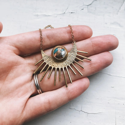 Sun Goddess Necklace - Sun Pendant with Copper Oyster Turquoise - minbolu -