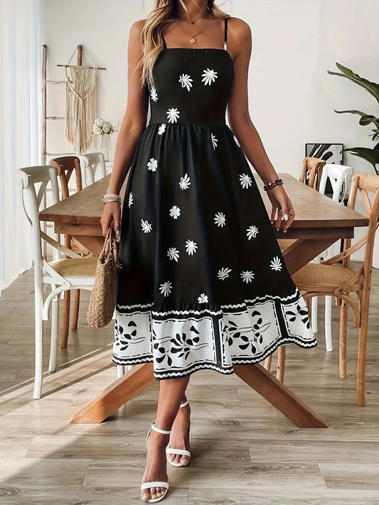 Floral Print Spaghetti Strap Midi Dress - minbolu -