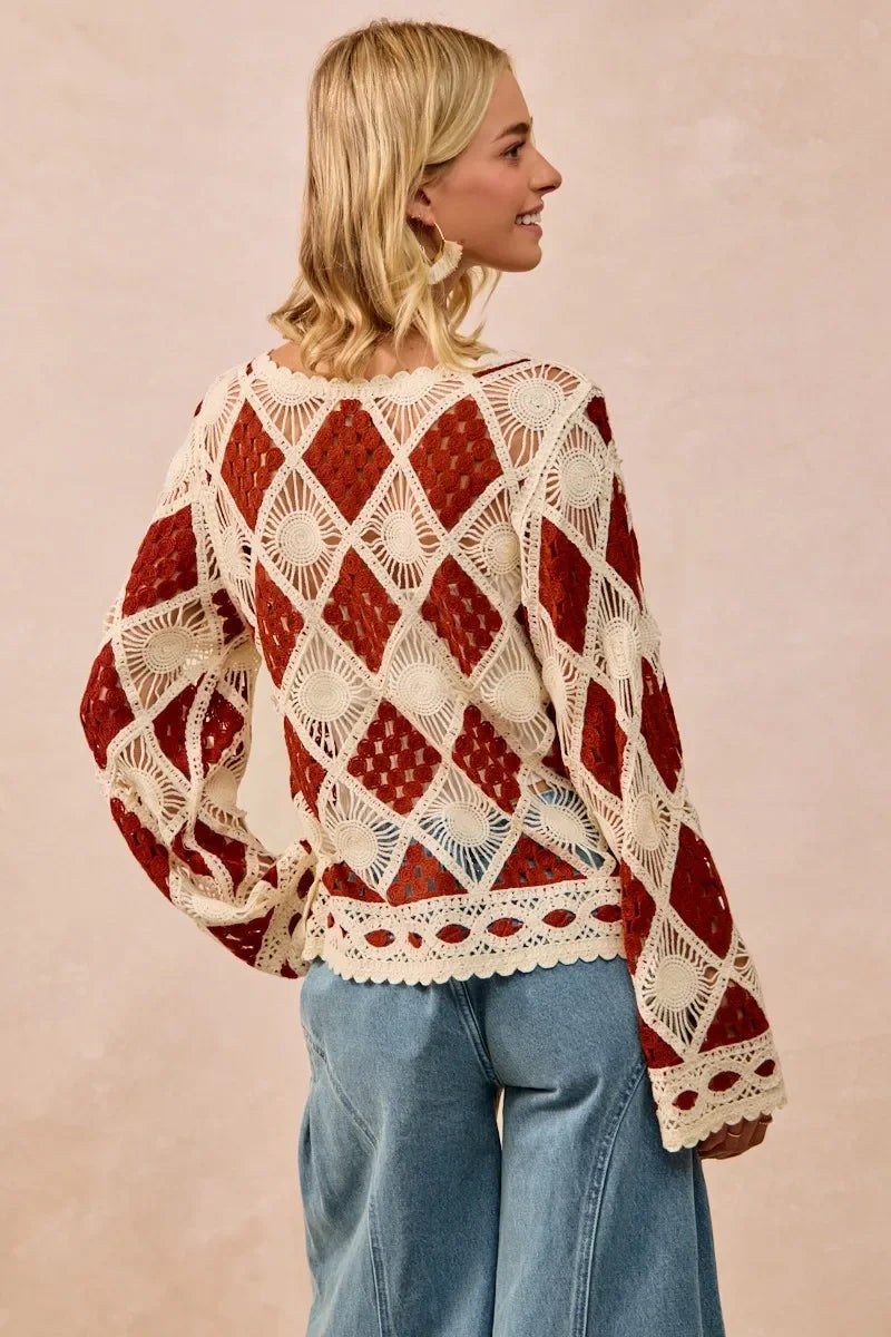 BiBi Diamond Crochet Knit Top - minbolu -