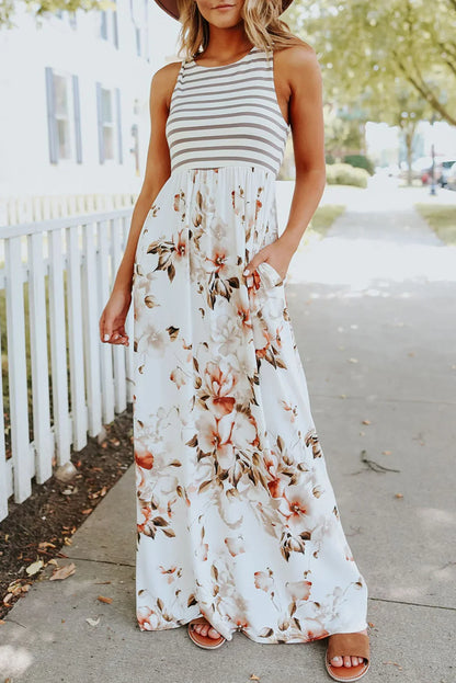 White Boho Stripes & Floral Print Floor Length Tank Dress - minbolu -