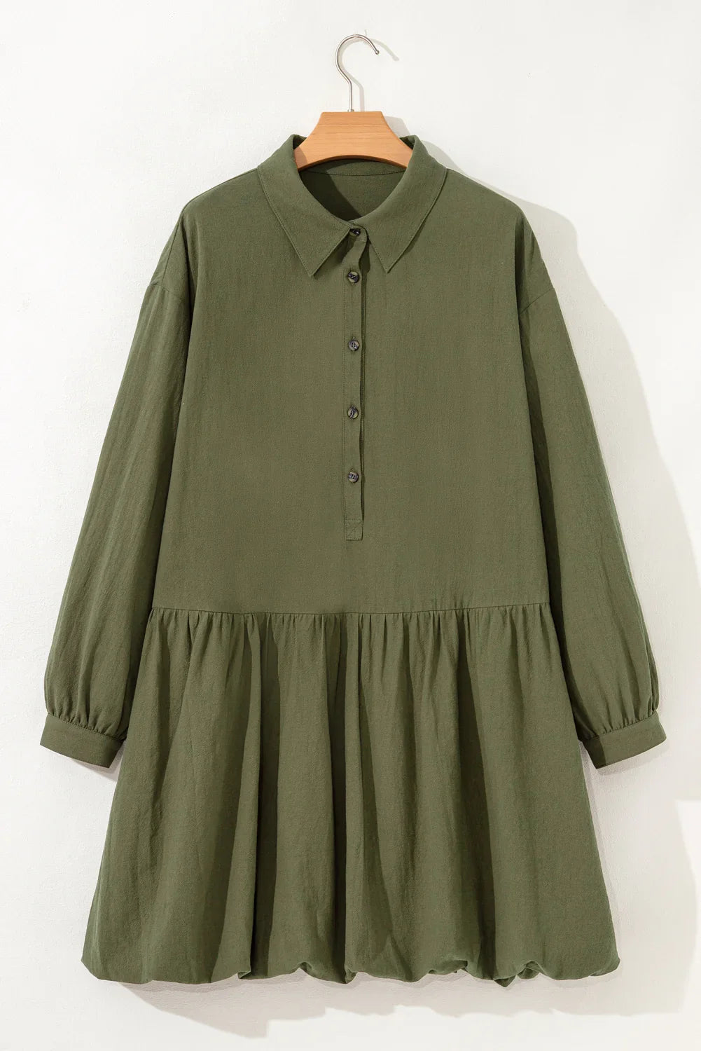 Green Plus Size Mini Shirt Dress - Long Sleeve Ruffle Hem | Flattering Fit - minbolu -