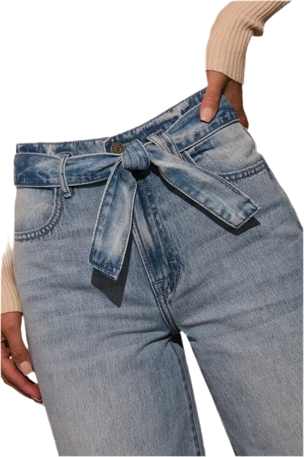Tied Wide Leg Jeans with Pockets - minbolu -