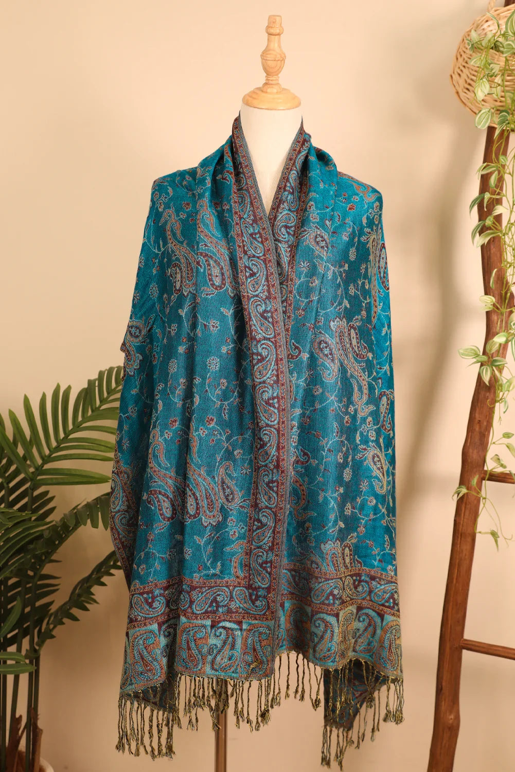 Peacock Blue Retro Paisley Print Tassel Trim Scarf - minbolu -