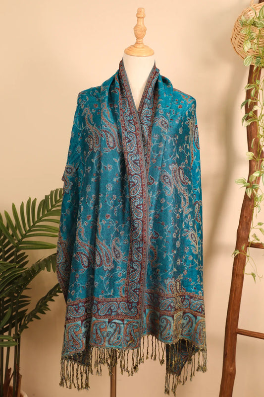 Peacock Blue Retro Paisley Print Tassel Trim Scarf - minbolu -