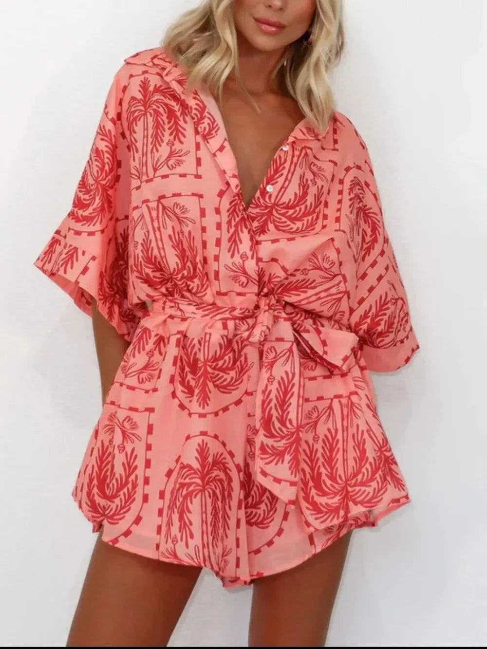 Printed Tie Waist Half Sleeve Romper - minbolu -