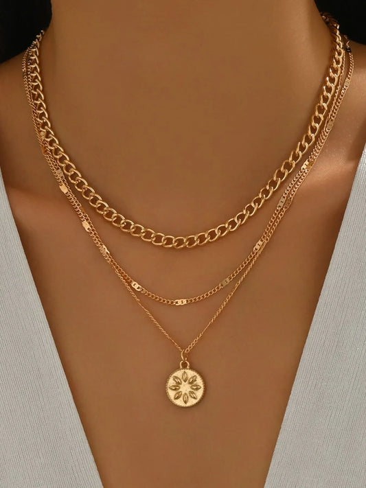 18K Gold-Plated Layered Necklace with Sun Medallion Pendant - minbolu -