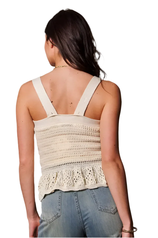 Crochet Wide Strap Peplum Tank - Elegant Knit Top - minbolu -
