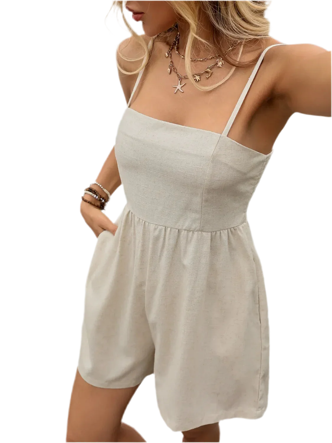 Smocked Back Romper with Pockets - minbolu -