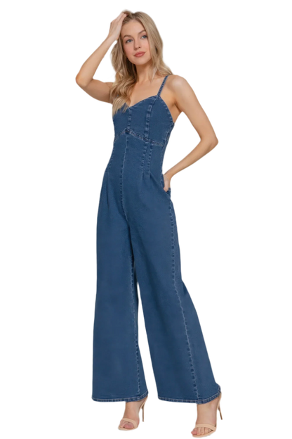 Deep Denim Cami Stretch Jumpsuit | Stylish & Comfortable - minbolu -