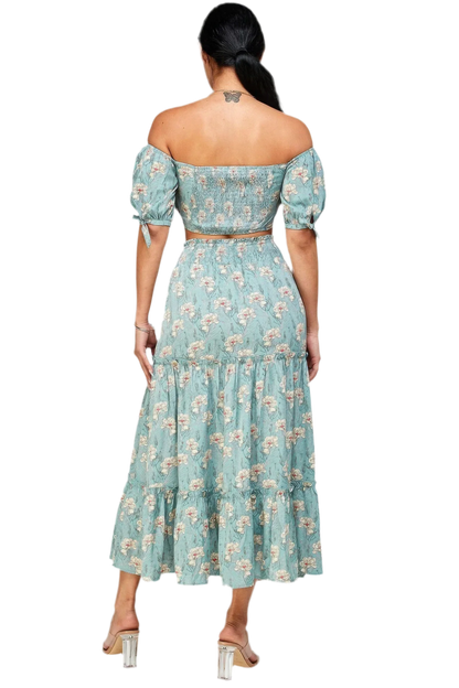 Floral Off Shoulder Top Skirt Set - Mint - minbolu -