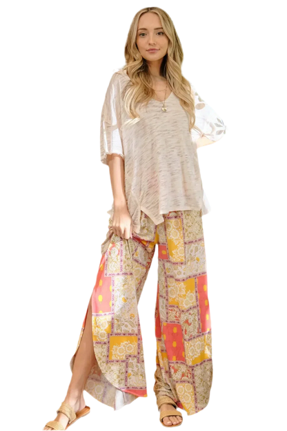 Printed Smocking Waist Side Slit Wide Leg Pants - minbolu -