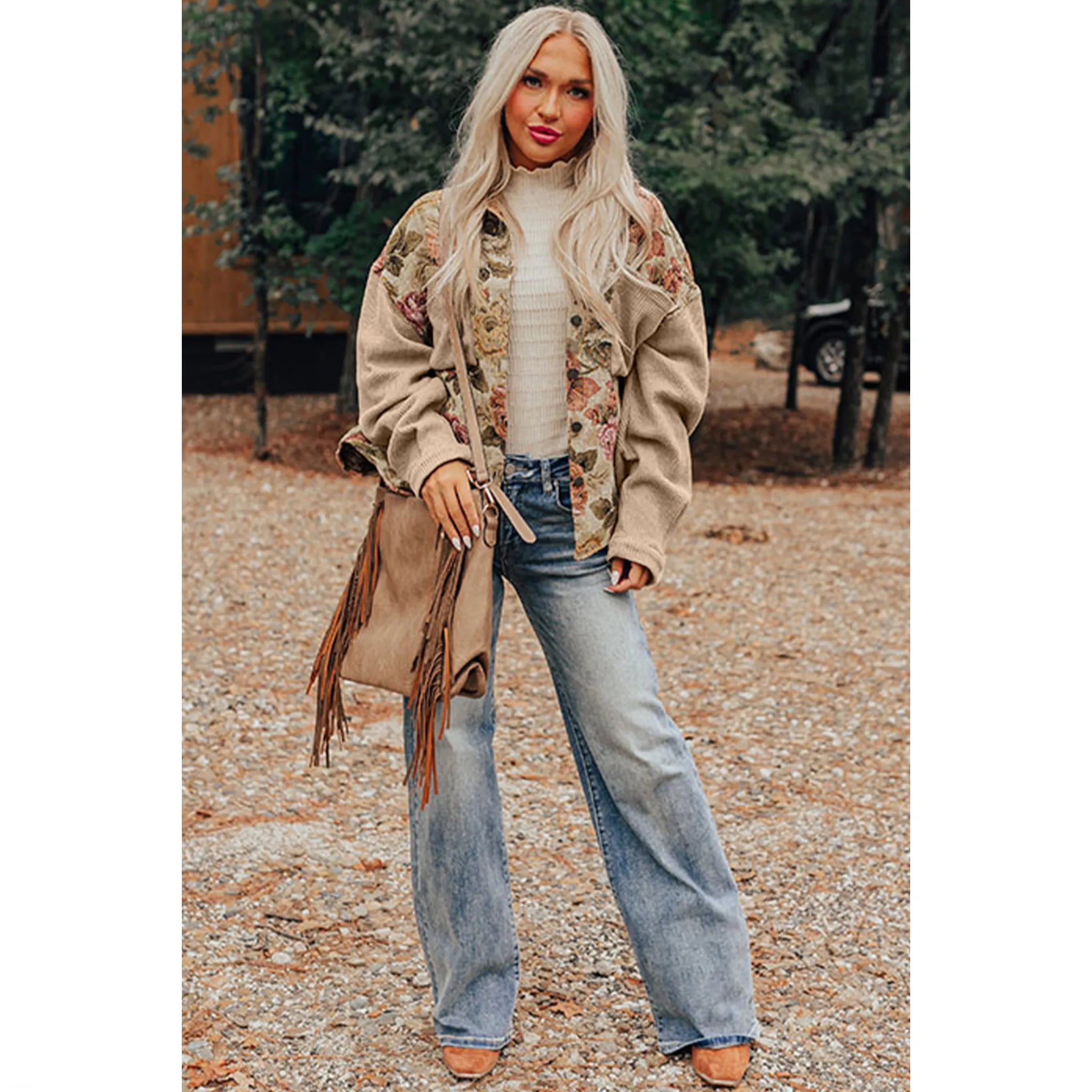 Khaki Floral Waffle Knit Patchwork Chest Pockets Buttoned Jacket