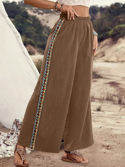Bohemian Wide Leg Embroidered Side Stripe Pants - minbolu -