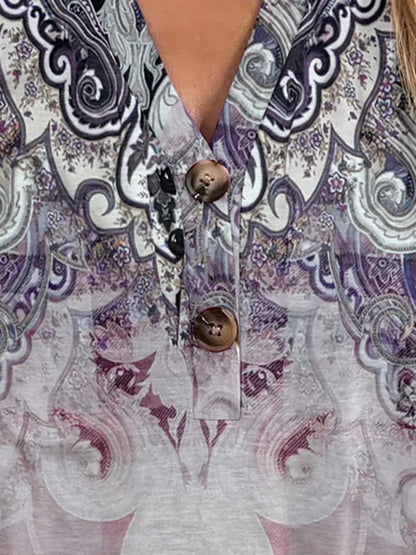 Printed Notched Short Sleeve Blouse - Stylish Design - minbolu -
