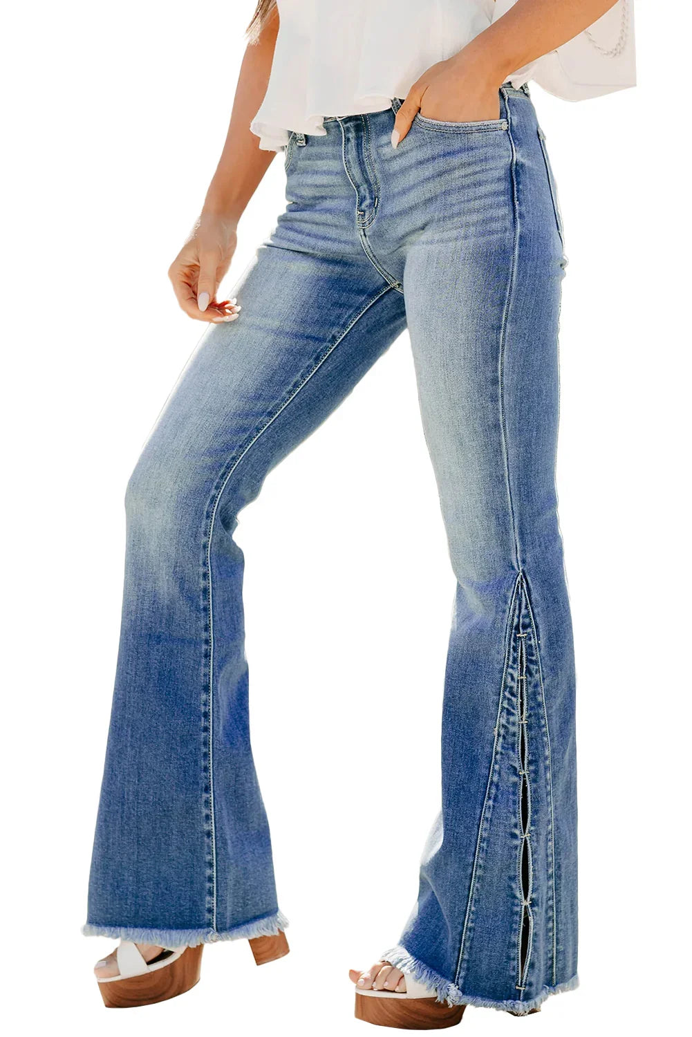 Ashleigh Blue High Waist Slim Fit Raw Hem Flared Jeans - minbolu -