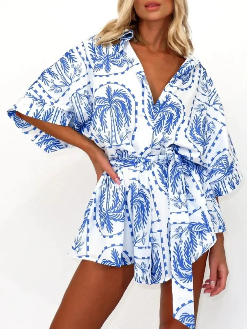 Printed Tie Waist Half Sleeve Romper - minbolu -
