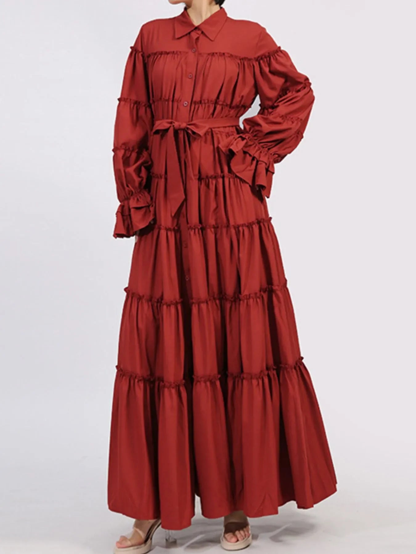 Tiered Tie Waist Maxi Dress - minbolu -