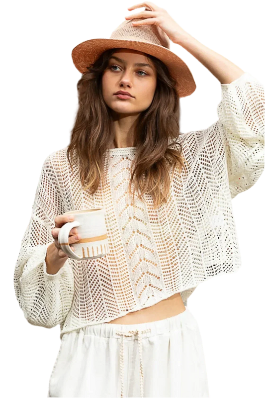 Openwork Balloon Sleeve Knit Cover Up - minbolu -