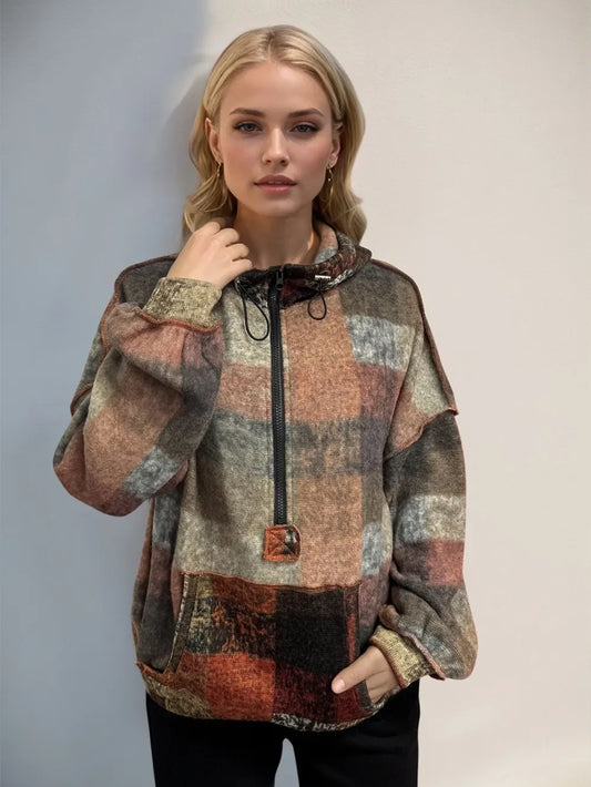 Double Take Full Size Half Zip Exposed Seam Fleece Hoodie - minbolu -