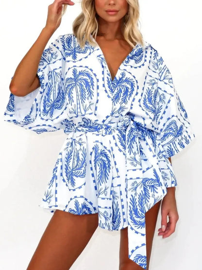 Printed Tie Waist Half Sleeve Romper - minbolu -