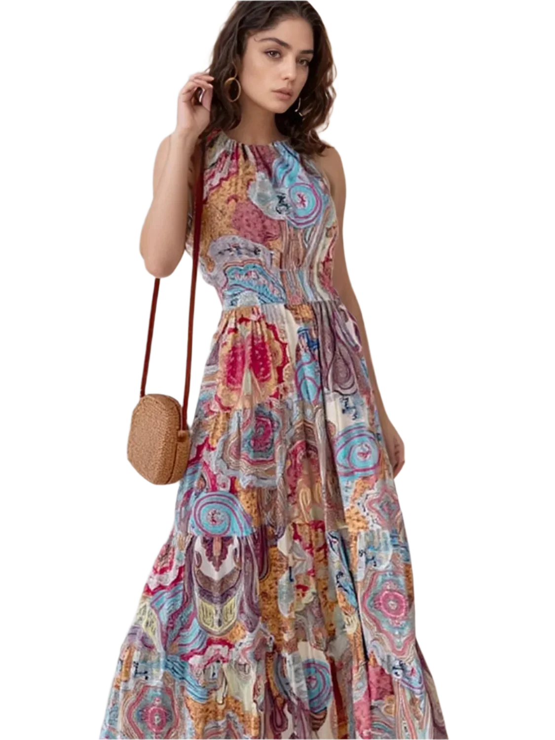 Flatter Me Boho Halter Neck Maxi Dress: Blue Flower - minbolu -