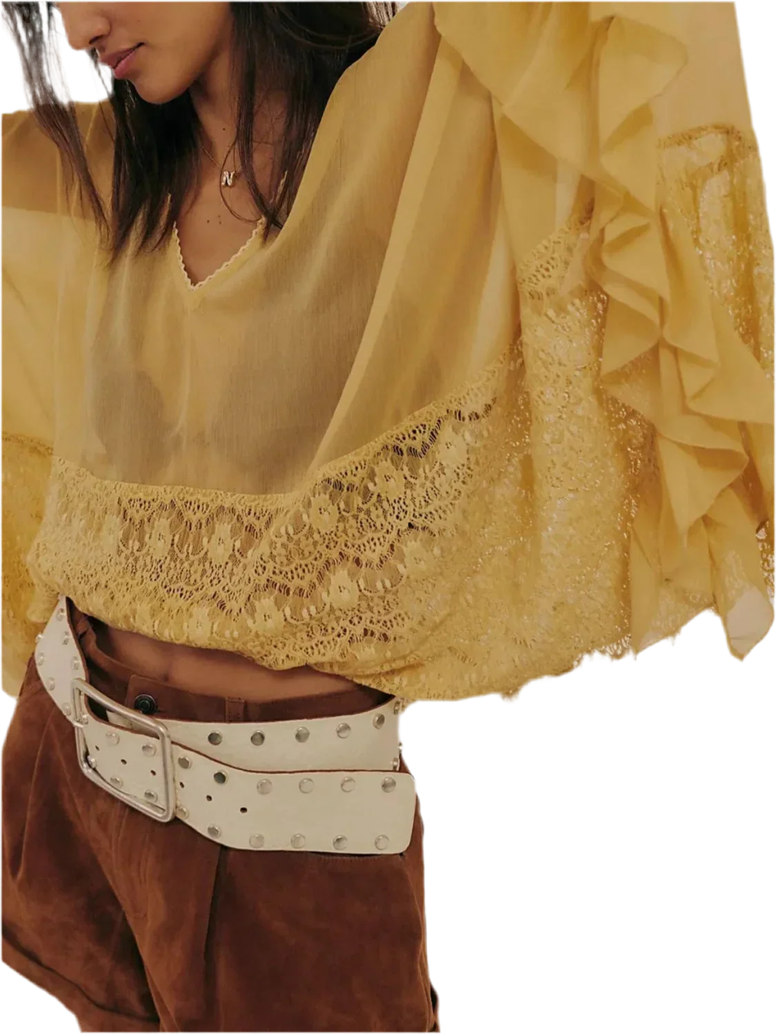 Lace V-Neck Ruffle Cover-Up - Beach Blouse - minbolu -