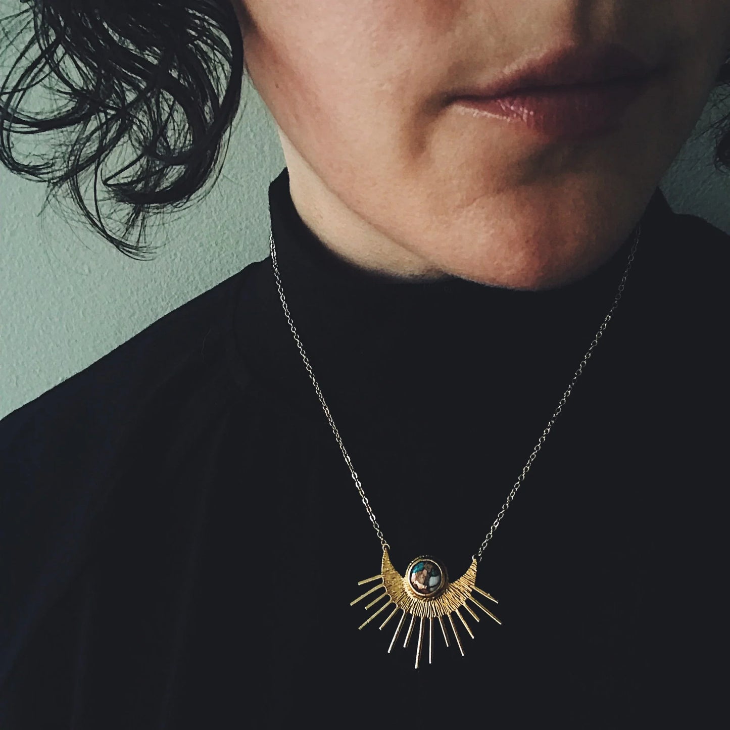 Sun Goddess Necklace - Sun Pendant with Copper Oyster Turquoise - minbolu -