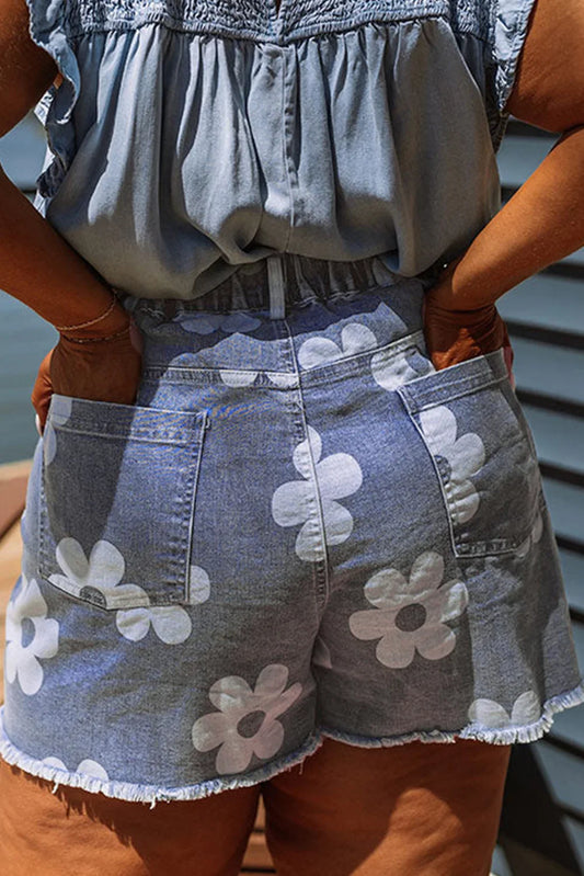 Ashleigh Blue Floral Pattern Raw Hem Plus Size Denim Shorts - minbolu -
