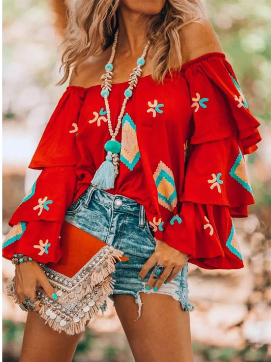 Full Size Off-Shoulder Layered Sleeve Blouse Plus Size - minbolu -