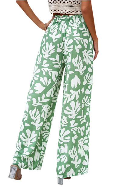 Printed Wide Leg Smocked Pants with Pockets - minbolu -