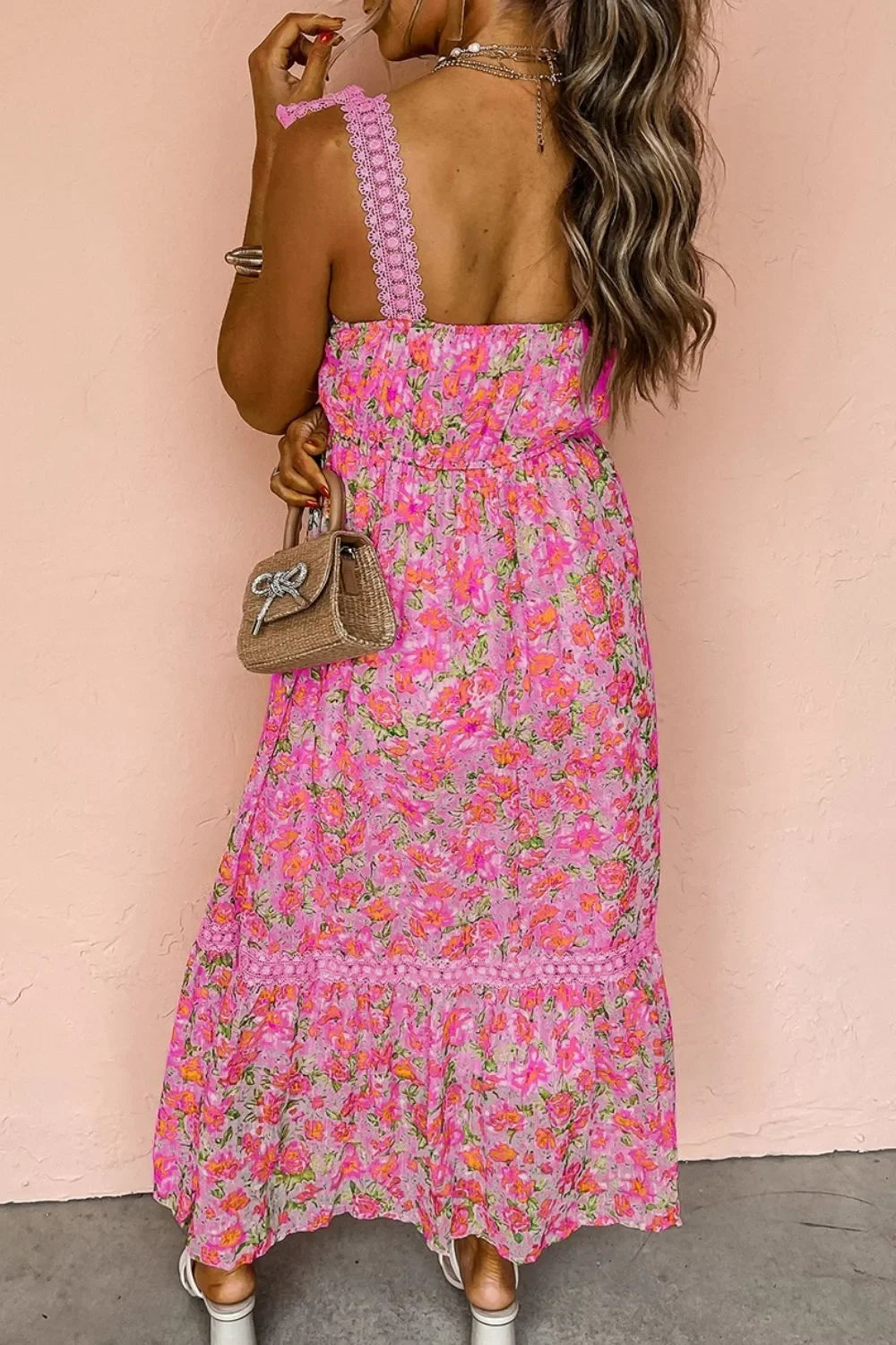 Floral Lace Wide Strap Square Neck Maxi Dress - minbolu -