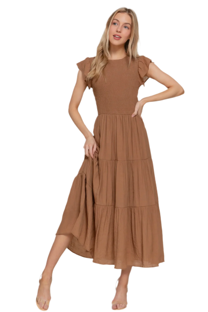 Ruffle Sleeve Smocked Tiered Dress - minbolu -