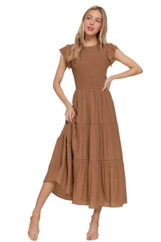 Ruffle Sleeve Smocked Tiered Dress - minbolu -