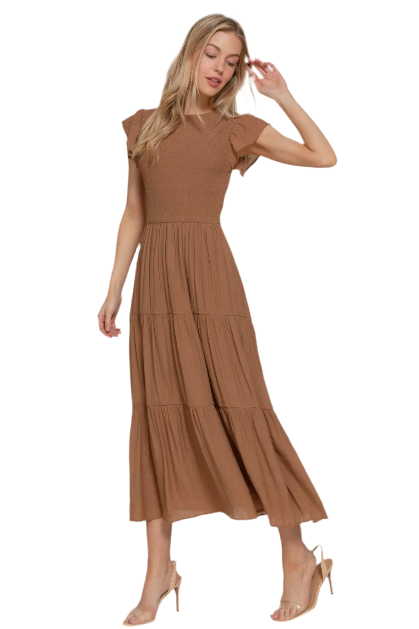 Ruffle Sleeve Smocked Tiered Dress - minbolu -