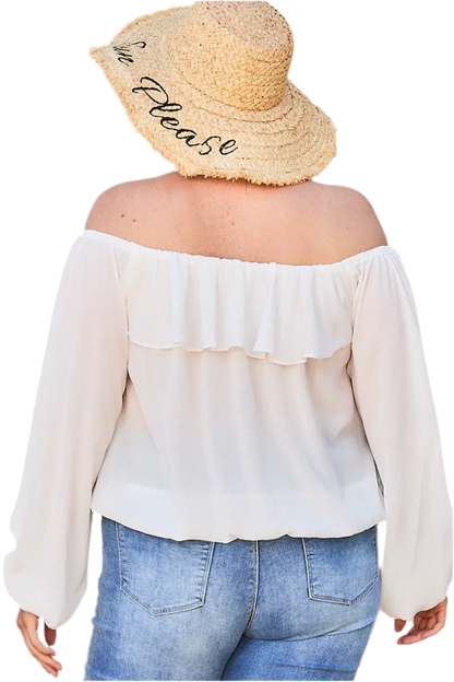 White Off Shoulder Ruffle Bubble Sleeve Top - minbolu -